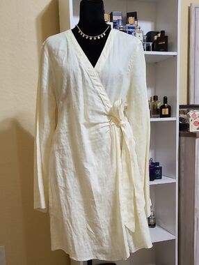 Saks Fifth Avenue Light Yellow & White Plaid Wrap Dress